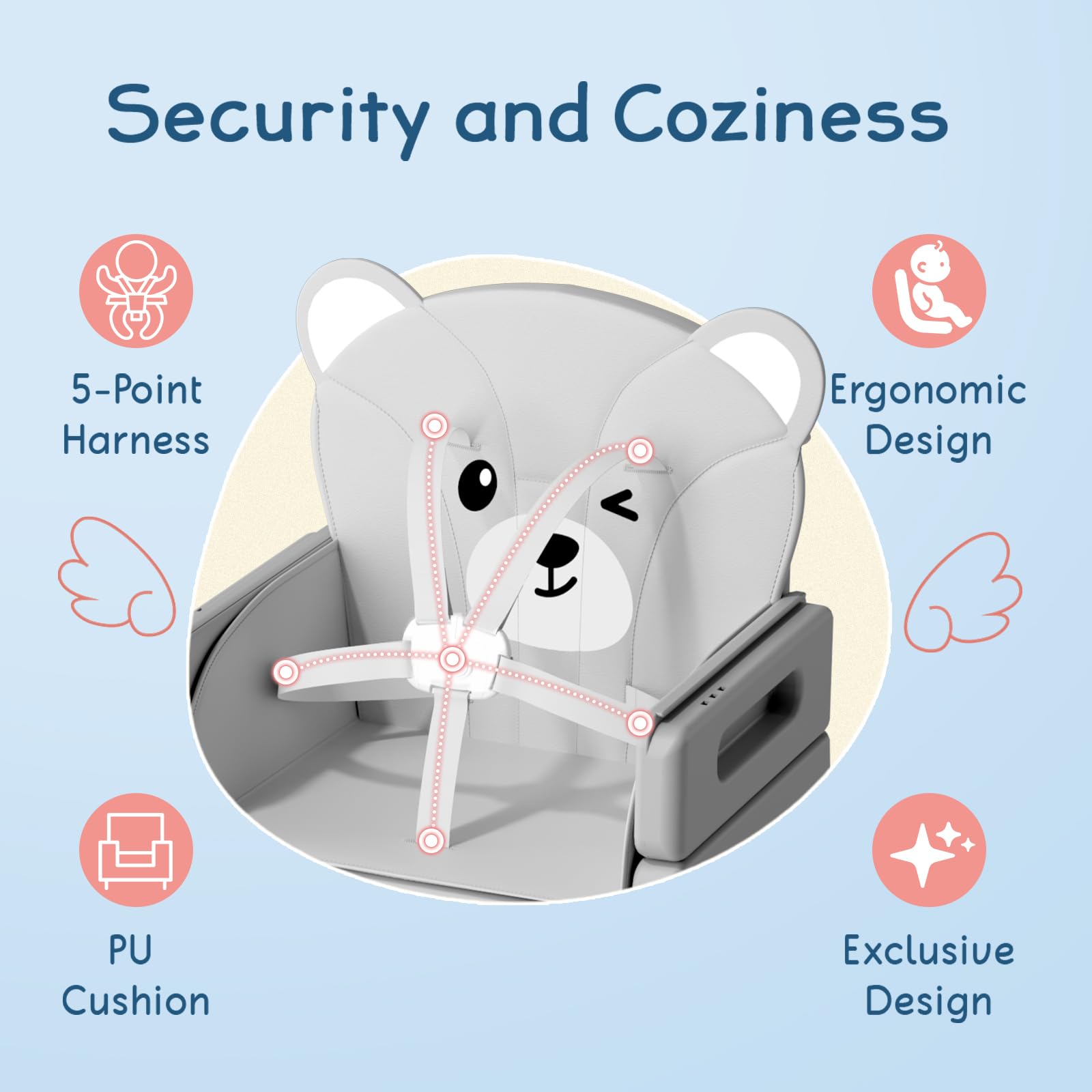 COOSEYA Chaise Haute Bébé, Chaise Haute 6 en 1 avec Coussin en Forme d'Ourson et Facile à Nettoyer, Plateau Amovible et Harnais 5 Points pour Bébé de 6 Mois à 3 Ans, Gris