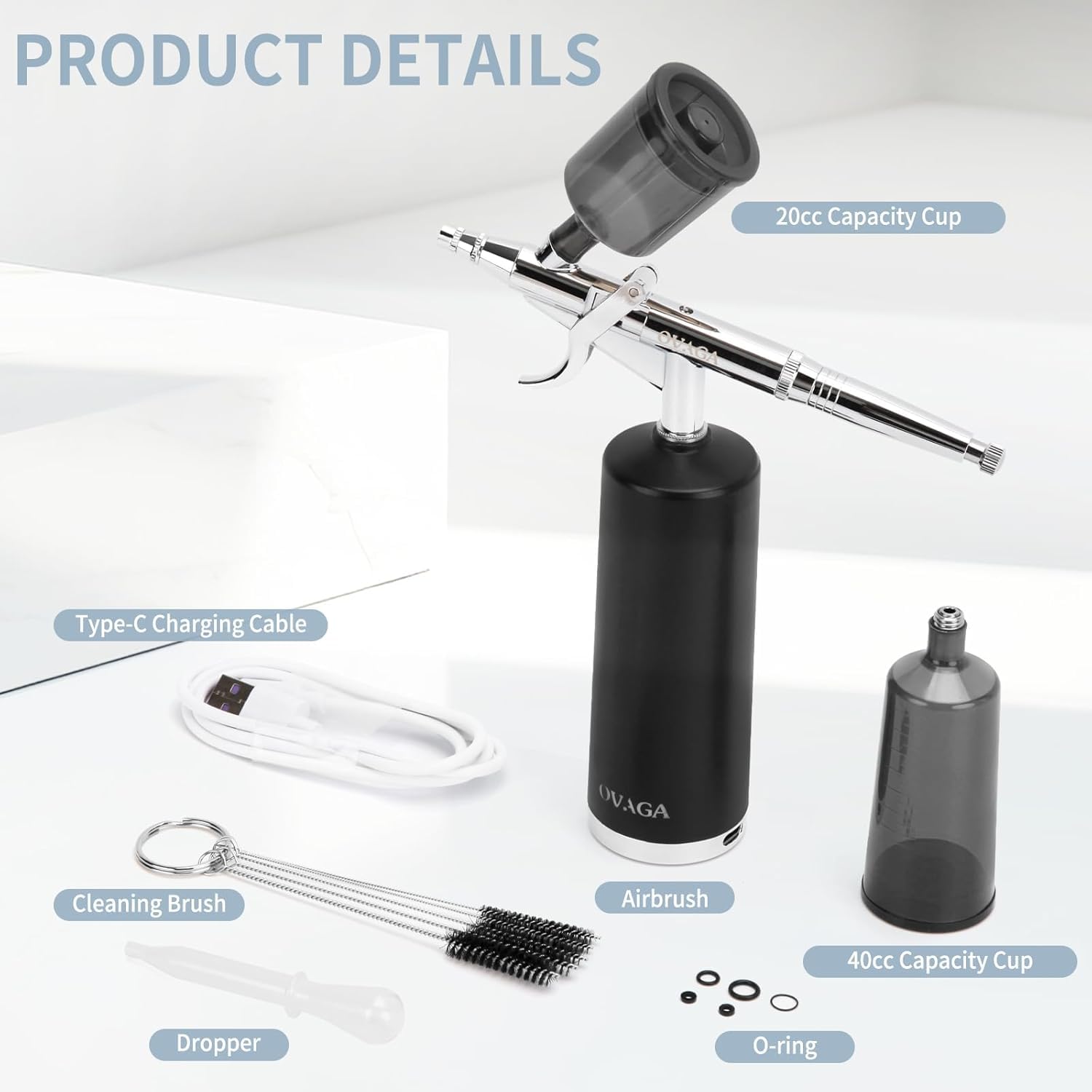 Kit aérographe Ovaga 32PSI, compresseur aérographe rechargeable sans fil, pistolet aérographe portable automatique, set aérographe sans fil portable pour barbier, art des ongles