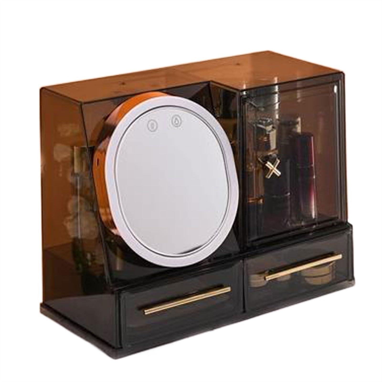 K5C7S3W9D6 Vanity Table Organiser Makeup Organizer with LED Mirror and Fan, Large Capacity Cosmetic Storage Display Case, Waterproof and Dustproof Skincare for Bathroom and Vanity Dresser(Black)