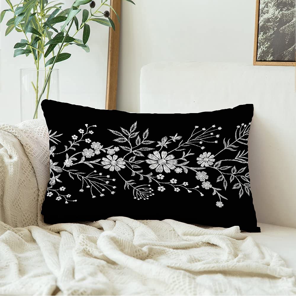 Decorative Velvet Throw Lumbar Pillow Cover Small Violet White Twig Tiny Lace Thread Flower Border Black Floral Abstract Pattern Stitching Soft Sofa Cushion Case Rectangle Pillowcase 12 x 20 Inch