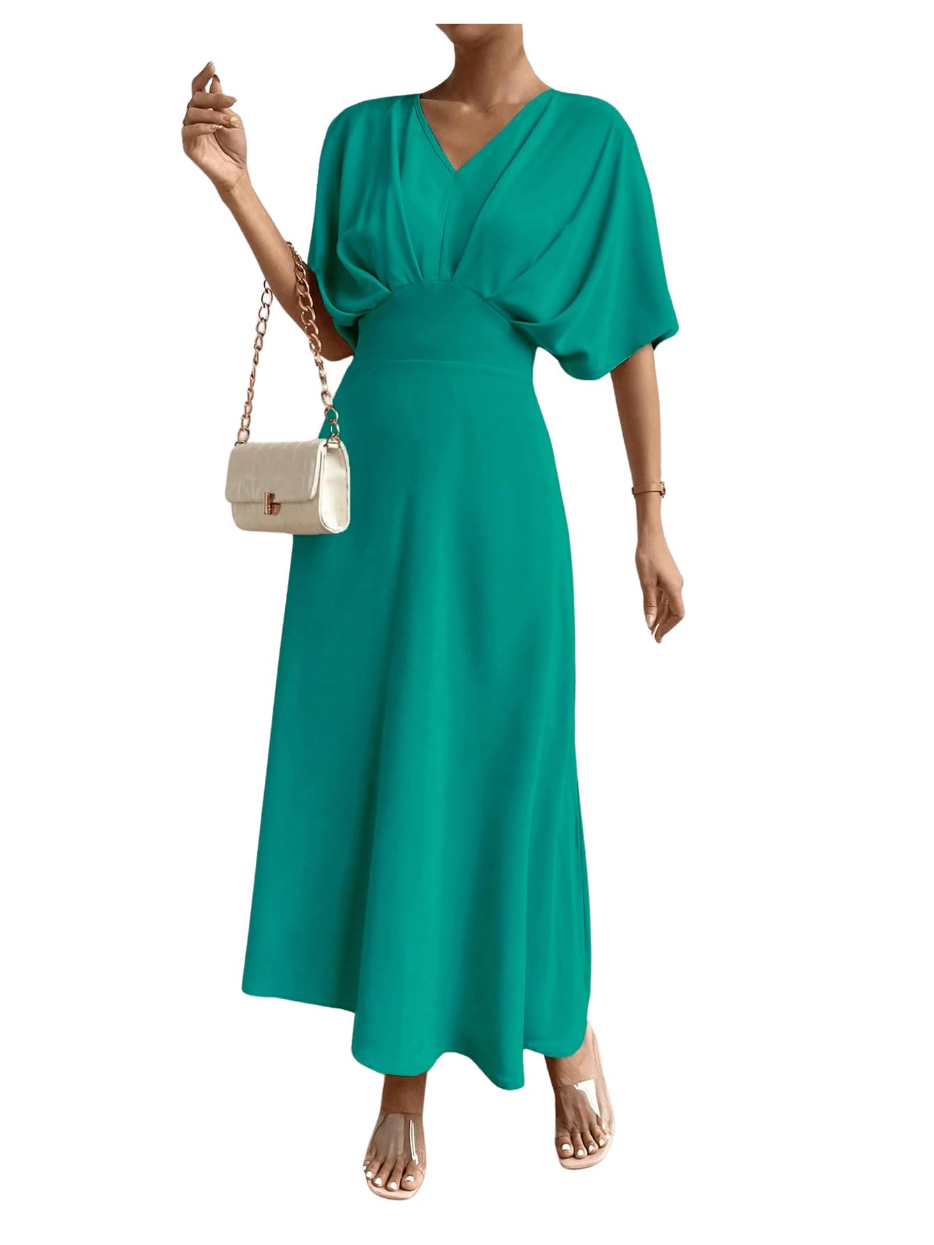 Floerns Women's V Neck Half Sleeve Ruched Cocktail Evening A Line Long Dress