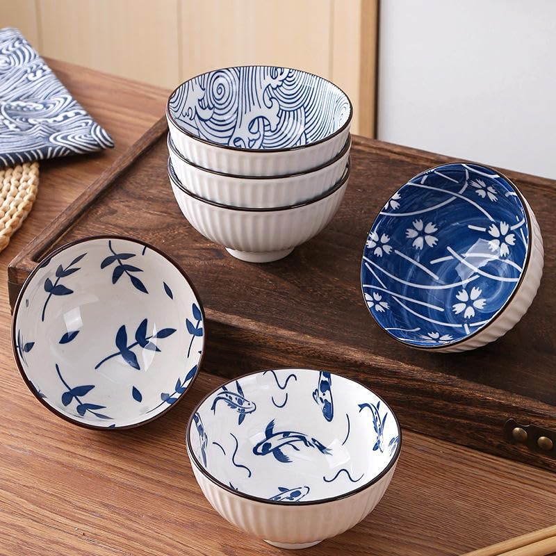 Image of Premium Ceramic Bowl Japanese Style Porcelain Rice, Soup & Dessert Bowls - Assorted Floral & Wave Patterns - Microwave & Dishwasher Safe - Gift Box Packaging(Blue & White Printed, Pack of 4)
