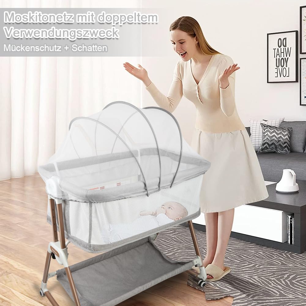 homewell 3 in 1 Babybett, Beistellbett Baby & Stubenwagen, Verstellbarer Co-Sleeper, Höhenverstellung und Einstellung der Neigung der Matratze, 4 Räder mit Bremse