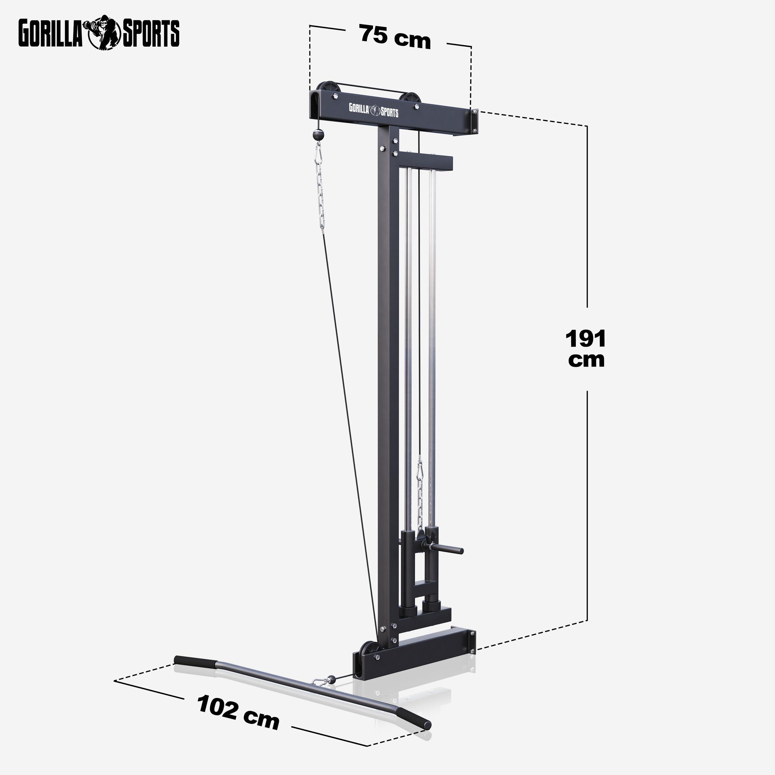 Gorilla Sports® Stazione LAT Machine - Montaggio a Parete, Carico Massimo 300 kg, incl. Lat Pull Bar e 2 Chiusure a Molla - Pulldown Cavo, Macchina per Cavi, Cable Tower, Allenamento, Palestra