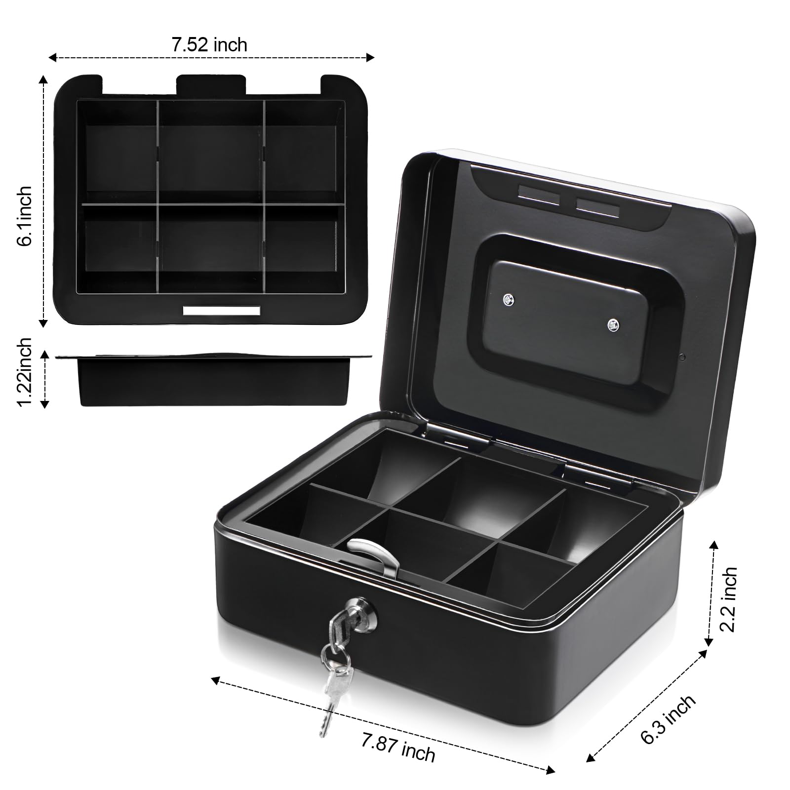 Blulu Lot de 2 caisses à monnaie verrouillables avec plateau à billets et serrure à clé en métal pour économiser de l'argent - Coffre-fort à cocher - 20 x 16 x 9 cm - Noir