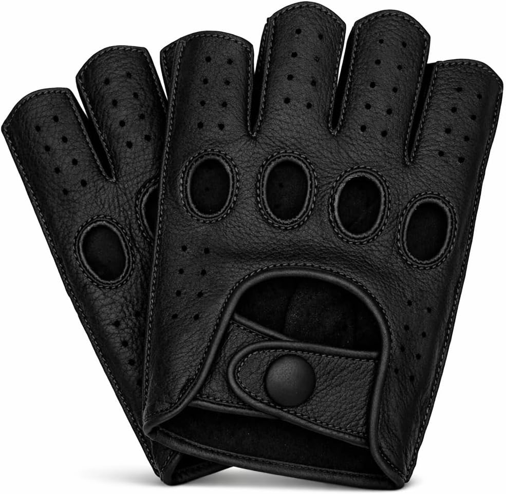 Men’s Fingerless Leather Driving Gloves – Genuine Cowhide Half-Finger Motorcycle & Driving Gloves – Reverse Stitched Vintage Motorsport Style – Breathable Classic Motoring Gloves