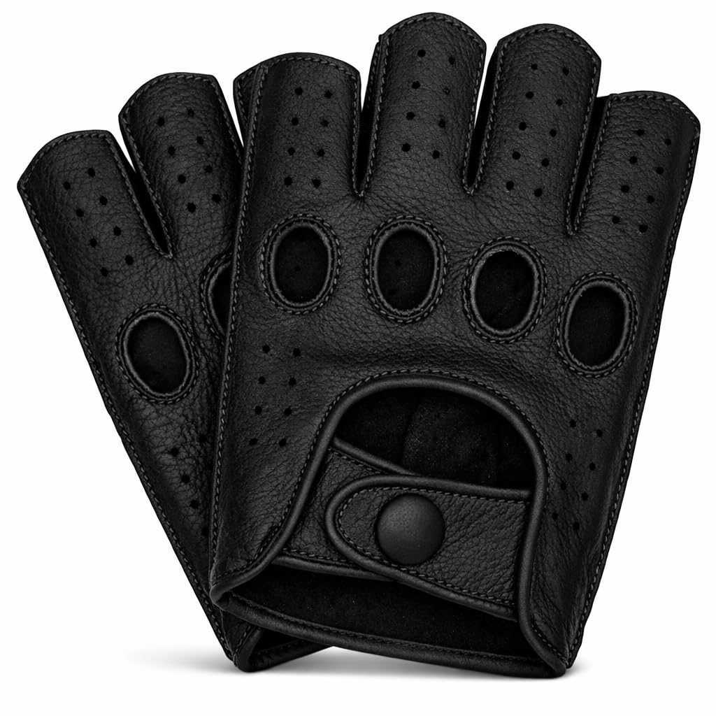 Men’s Fingerless Leather Driving Gloves – Genuine Cowhide Half-Finger Motorcycle & Driving Gloves – Reverse Stitched Vintage Motorsport Style – Breathable Classic Motoring Gloves