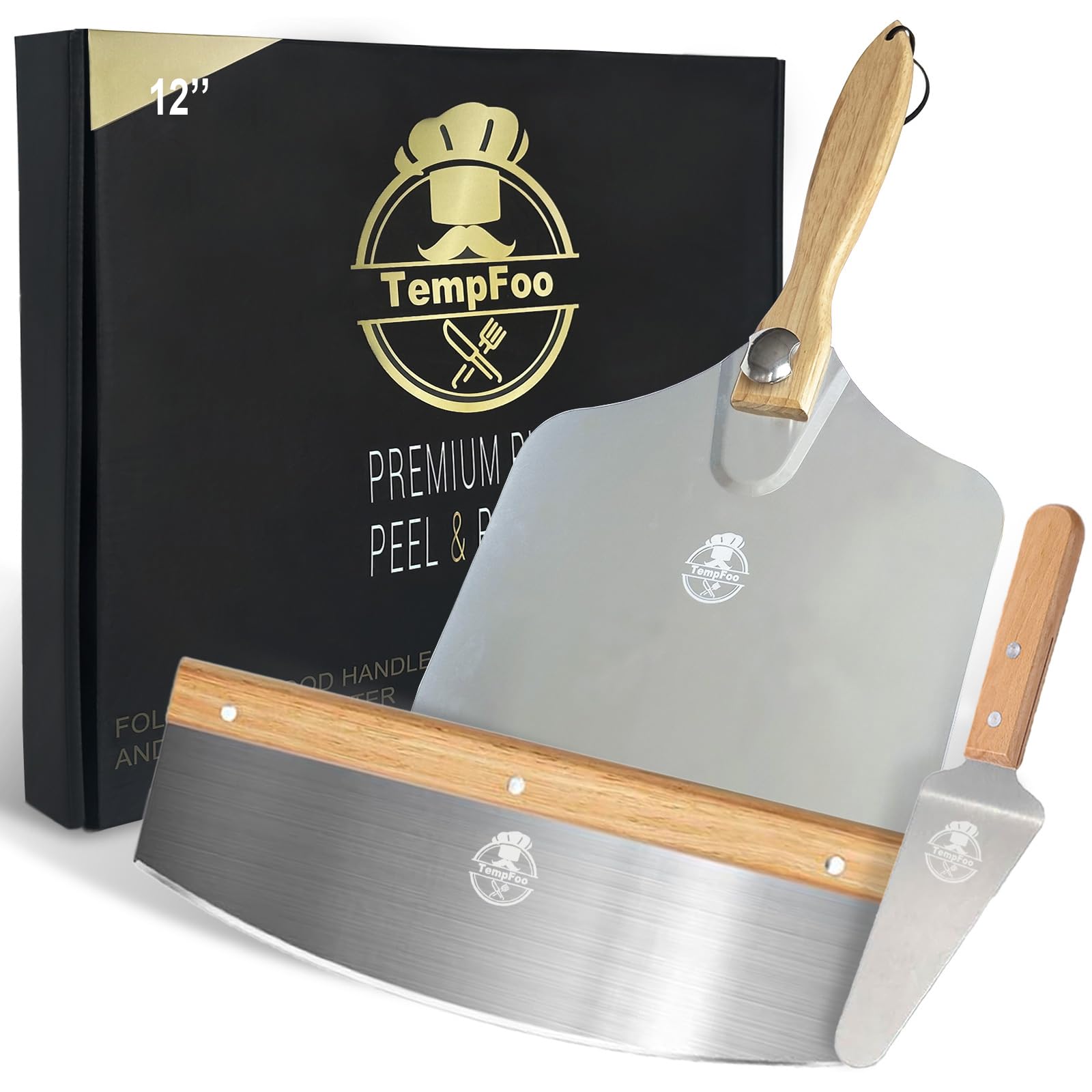 Pizzaschieber Edelstahl Zubehör, Pizzaschaufel Mit Zwölf Zoll Einklappbarem Holzgriff, Pizzaschneider Dreiteiliges Set Für Brot, Bäcker and Backen Pizza Spachtel Gadgets