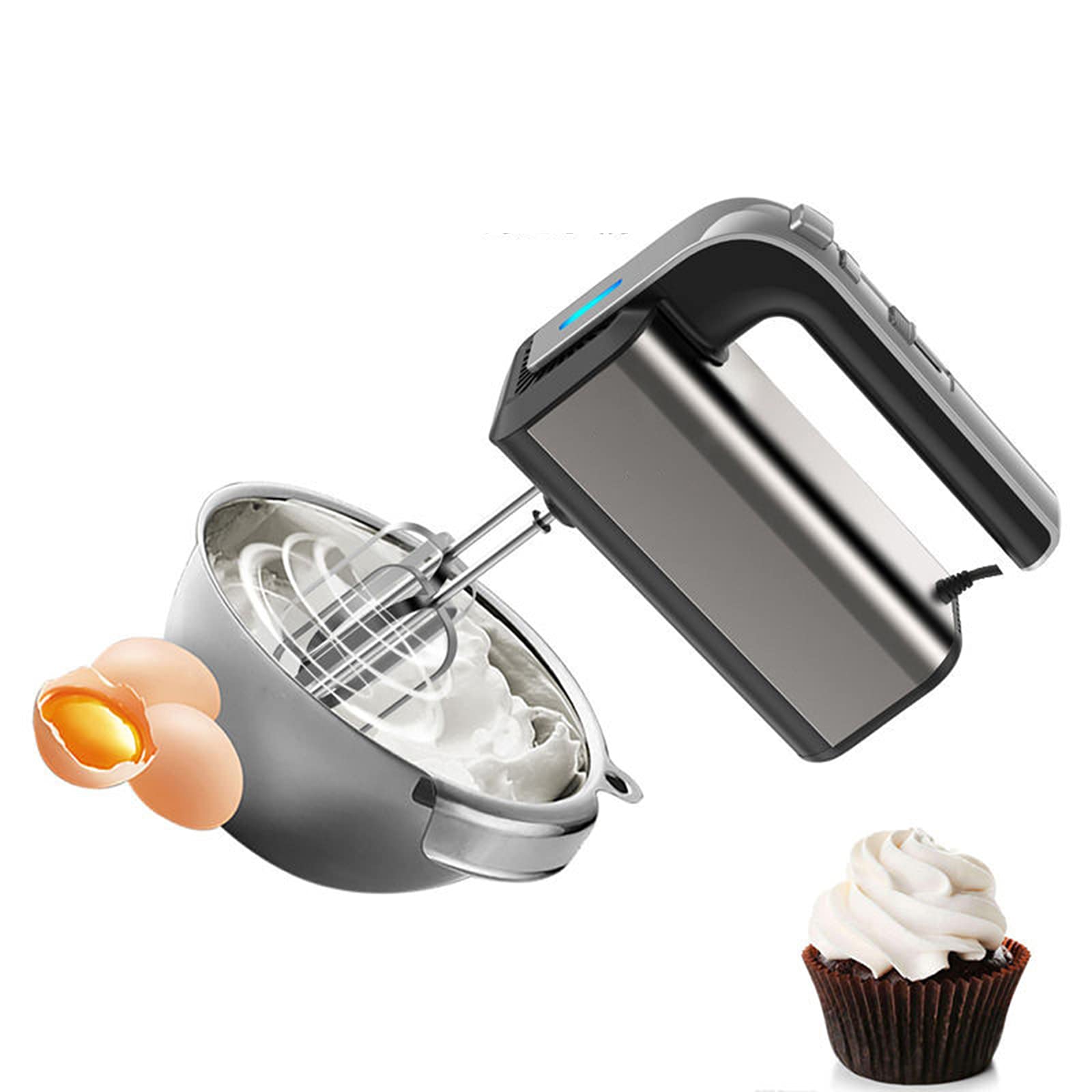 Lihuzmd Batidora de mano Batidora eléctrica, espumador de leche de alta potencia de 500 W con 2 batidores de acero inoxidable, 2 ganchos de masa, batidora de cocina de 5 velocidades