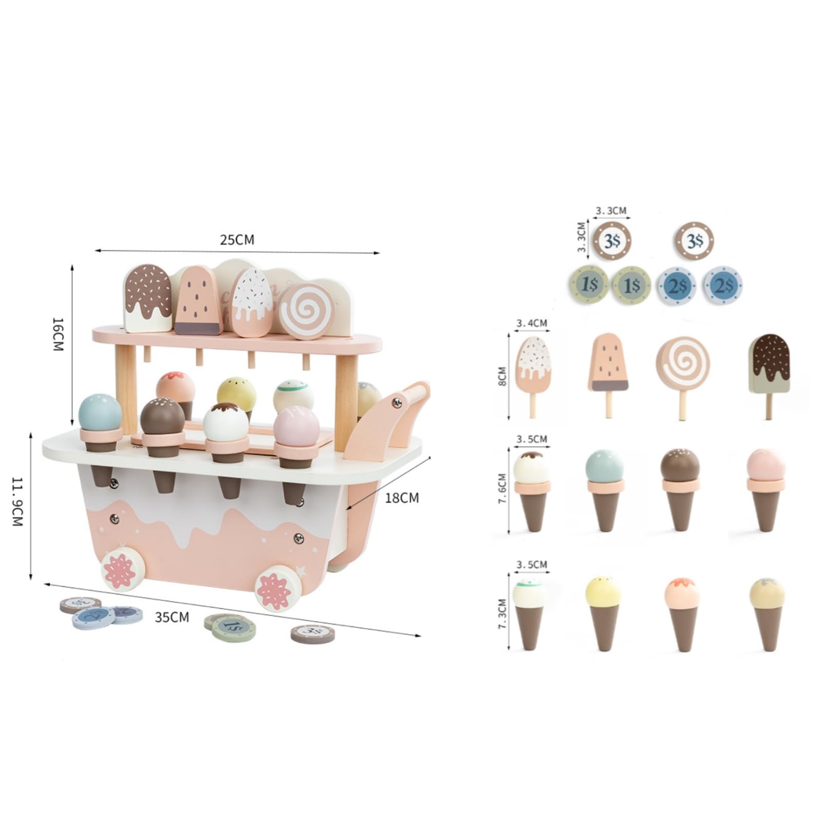 Banco Gelati Finto da Gioco | Colori Tenue Delicati, Carretto dei Dessert con Coni, Gelateria Giocattolo in Legno, per Cameretta, Bambini