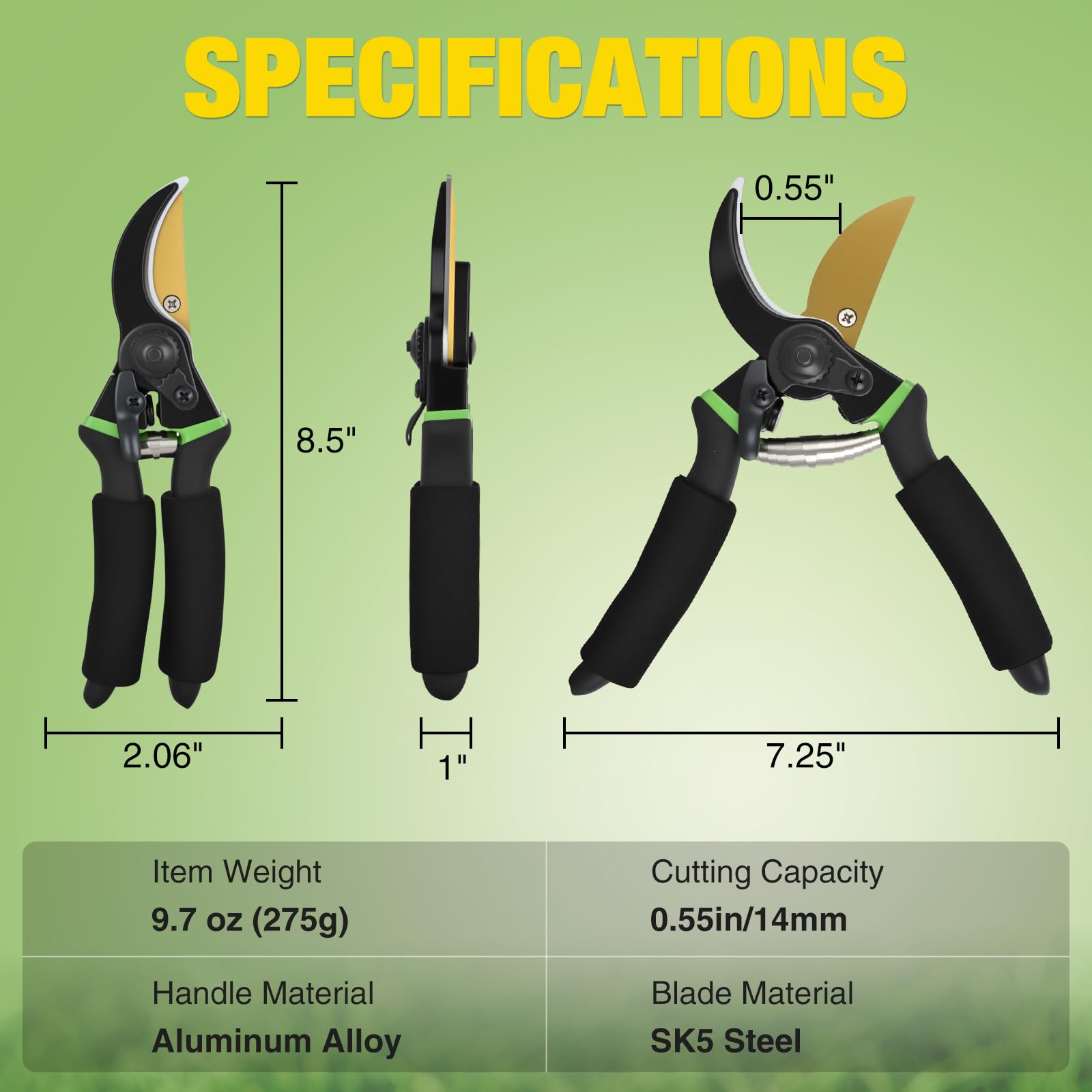 Yesker Pruning Shears for Gardening 8.5" Professional Bypass Garden Scissors Yard Clippers with Sharp SK5 Steel Blade Heavy Duty Hand Pruners for Branch Flower Plant Trimming Cutting Gardening Tools