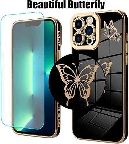 Miniatura 4 de BITOBE Funda diseñada para iPhone 13 Pro, diseño de mariposas para mujeres y niñas, borde chapado de lujo, protección completa de lente de cámara