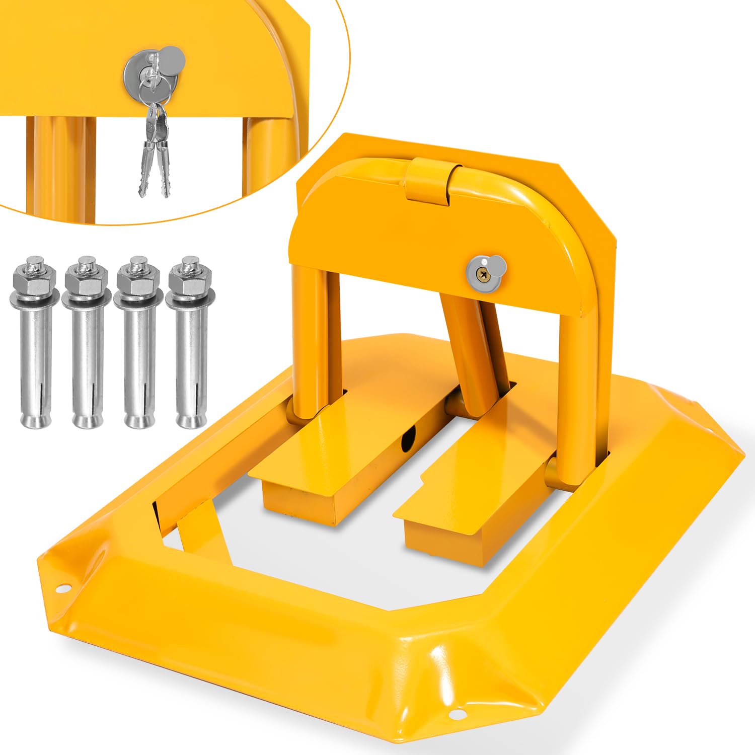 1 barrière de parking pliable avec 3 clés, design en rouleau à angles arrondis épais, résistance aux chocs, jaune