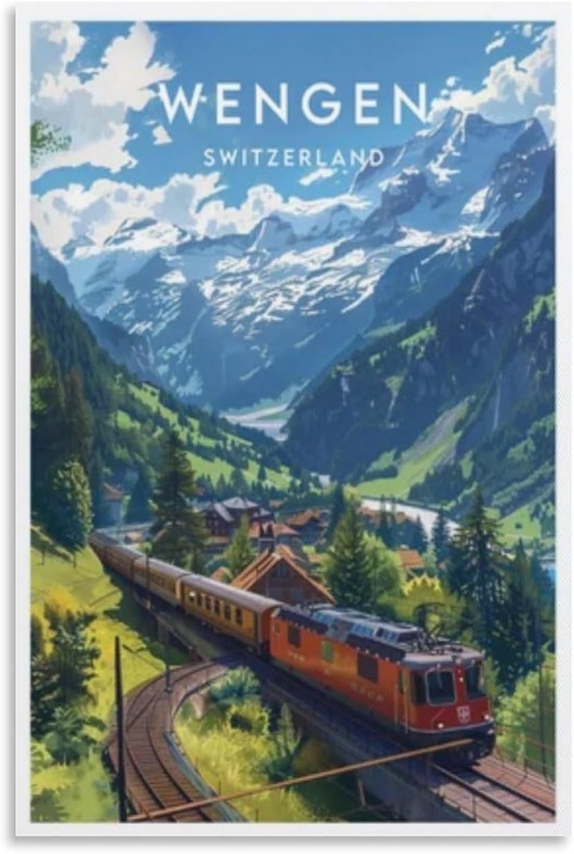 Switzerland, Wengen Travel Poster Canvas Wall Art Print
