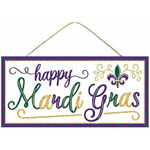 Craig Bachman 12.5"L x 6"H Mardi Gras Fleur De Lis Glitter MDF Sign, Purple Green and Gold Decorative Wall Art for Wreaths and Carnival Decor, AP7838