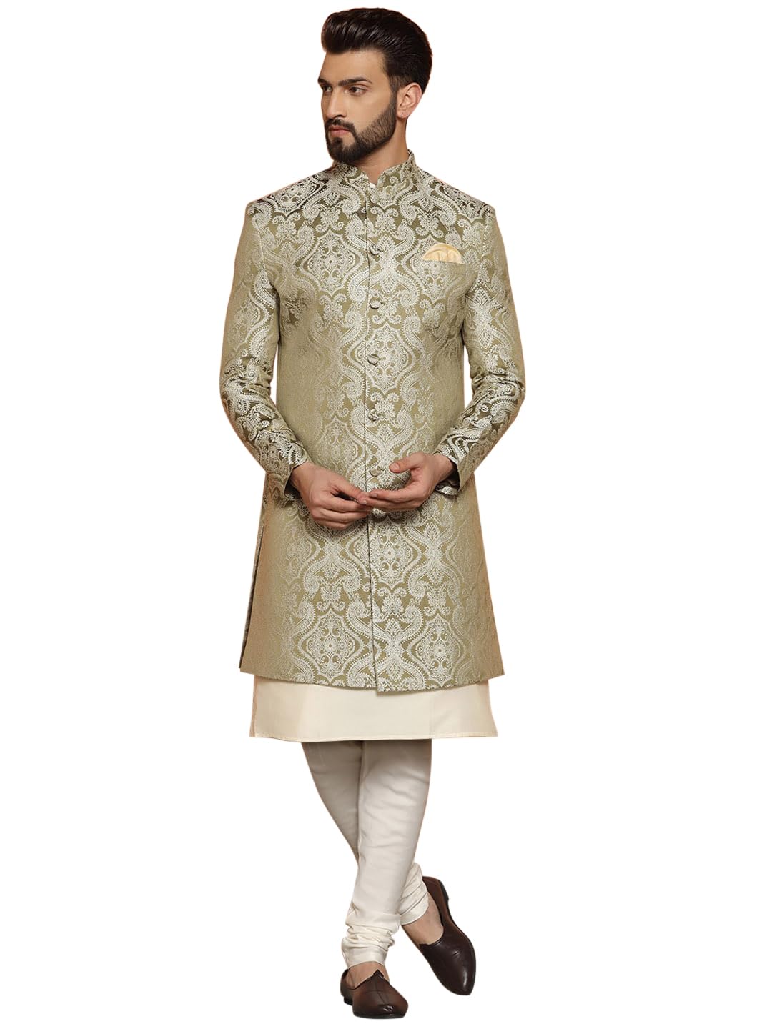 Kisah Mens Kurta Sherwani Churidar Set Silk Blend Jacquard, Indo-Western Ethnic Wear For Men, Green, 42