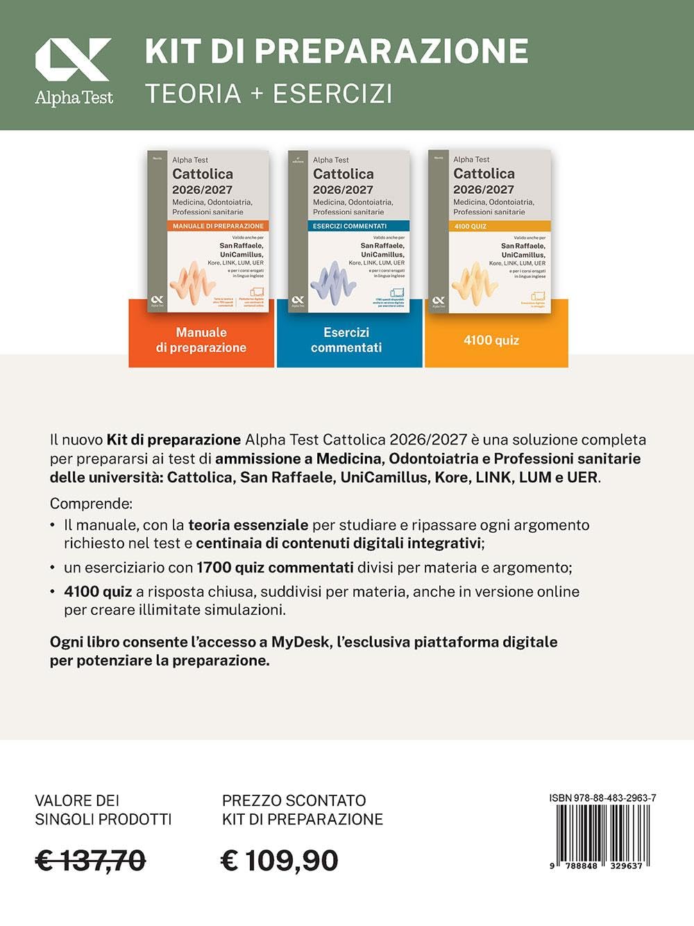 Alpha Test. Cattolica 2026-2027. Medicina, odontoiatria, professioni sanitarie. Kit di preparazione. Anche per i test di San Raffaele e UniCamillus. Con piattaforma e simulatore online