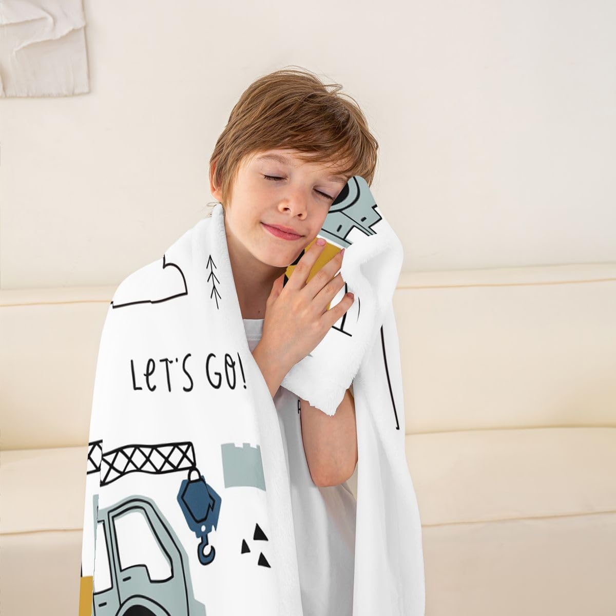 Cartoon Car Kids Fleece Throw Blanket Construction Sherpa Blanket Decor Equipment Trucks Plush Blanket Cartoon Car Excavator Tractor White Yellow