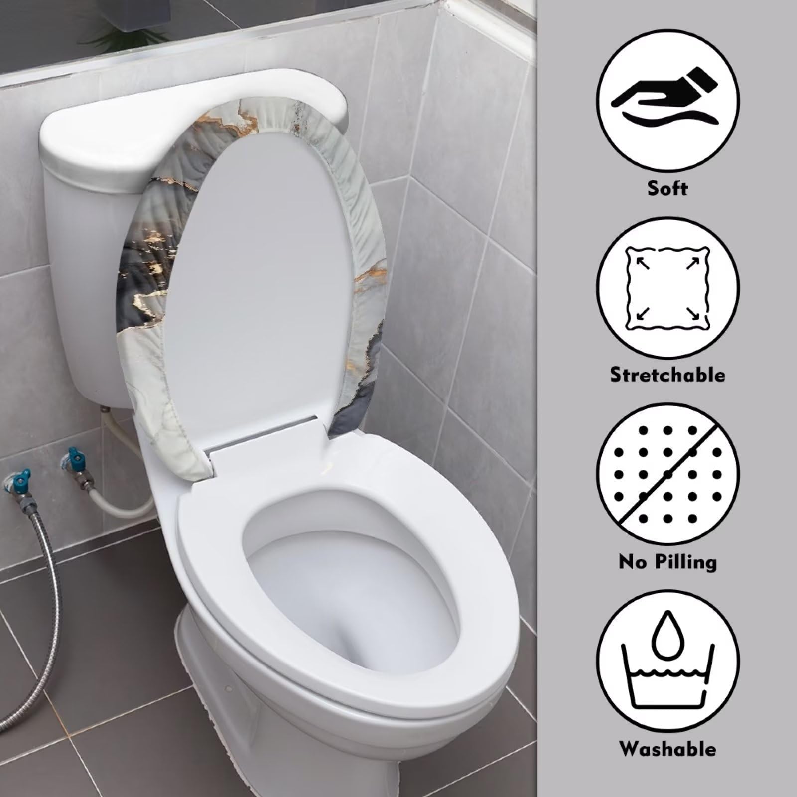 COEQINE Marble Print Toilet Lid Cover Elongated,Gray Gold Marble Soft Toilet Lid Cover Seat Cover for Home Bedroom Portable - Image 3