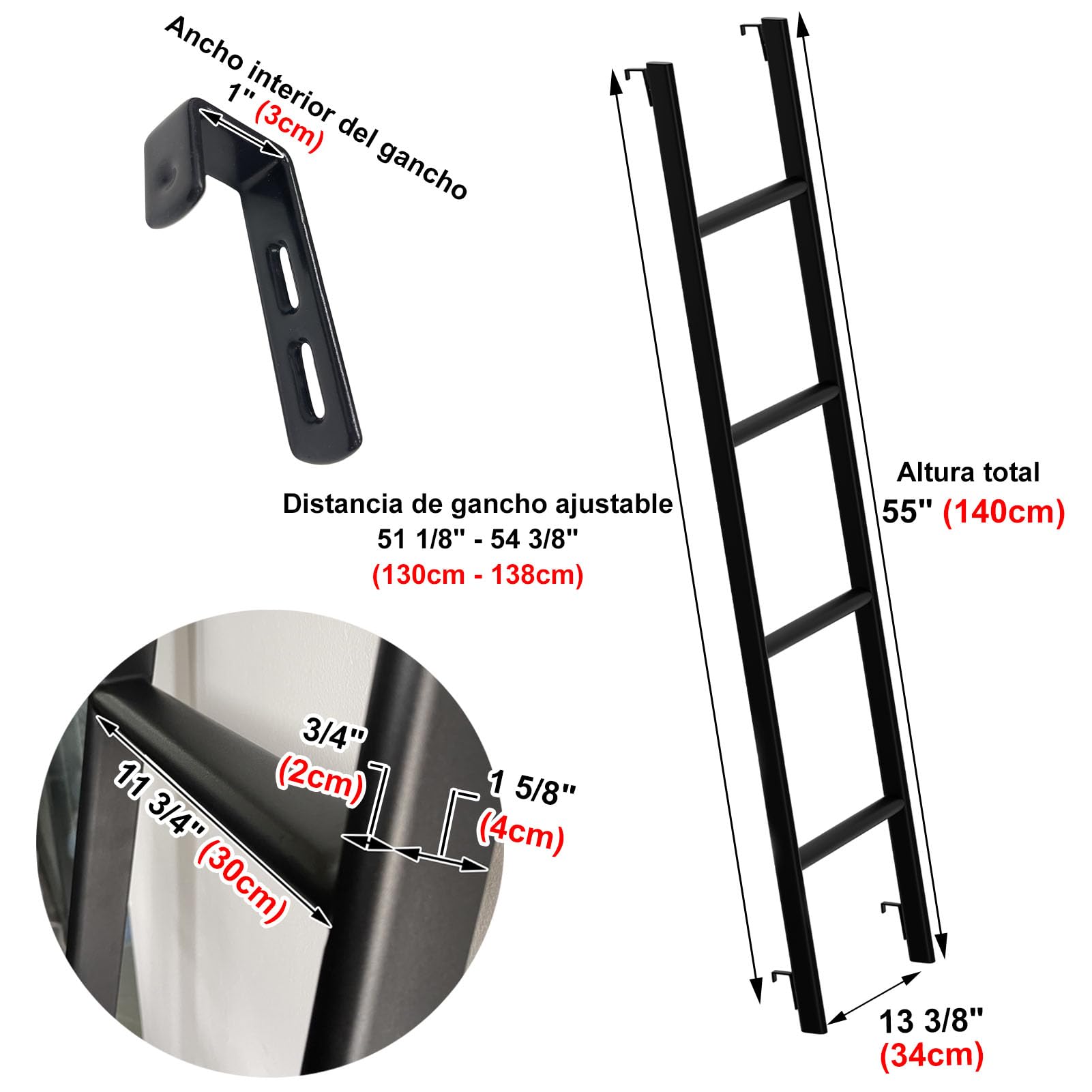 Escalera Resistente para Litera de Caravana 127/140/152/168 cm, con 4 Ganchos y Tapas Antideslizantes, Estructura Metálica para Cama Individual en Hogar o Dormitorio (140 cm, Negro)