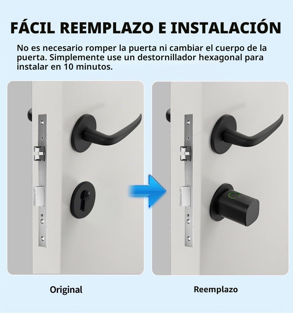 Cerradura Inteligente,Cerradura Con Huella Digital,Cilindro De Cerradura Ajustable 60-90mm,Con Tarjeta Rfid x4,App,Bluetooth,Teclado,Smart Lock Con Código Pin,Smart Lock Con Código Pin(Negro)