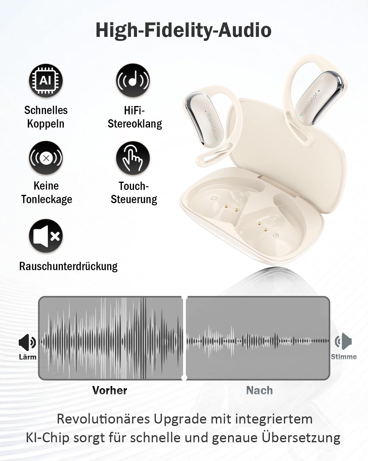 KI Übersetzer Kopfhörer Ohne Internet, 3-in-1 Echtzeit Sprachübersetzer mit 144 Online & 11 Offline Sprachen, Bluetooth 5.4, Ladecase, Beige