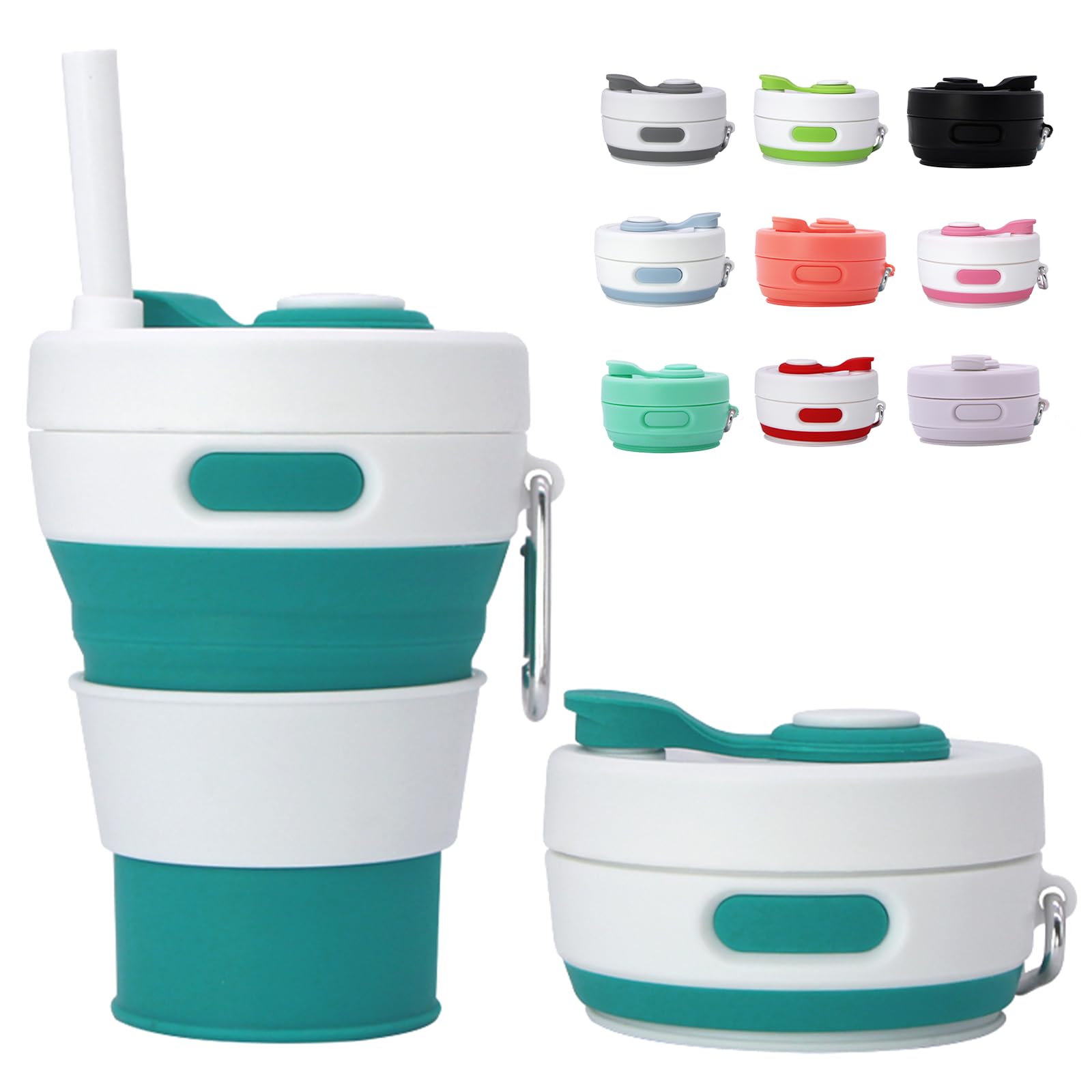 MOMAHUA 450ml/15oz Collapsible Coffee Cup with Lids,Peacock Blue Silicone Portable Water Cups,Reusable Coffee Mug,Foldable Camping Travel Cup Fits in Your Pocket,Folding Mug Collapses to 6cm