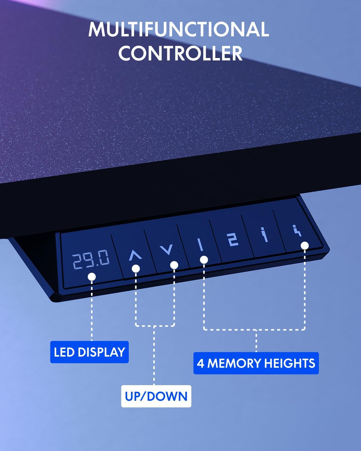 Close-up of the desk's control panel with an LED display showing '29.0' and buttons for up, down, and four memory presets labeled 1, 2, 3, 4.