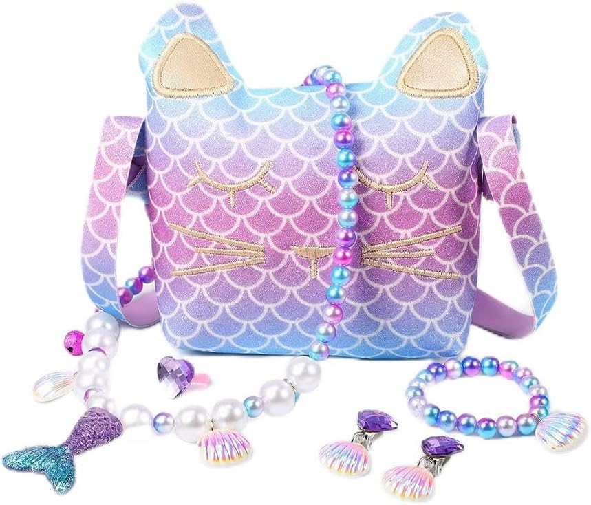 Masroo Girls Jewelry Purse Bracelet Necklace Earrings Set Dress up Pretend Play Jewelry Gifts Kids Toddler (Mermaid Style)