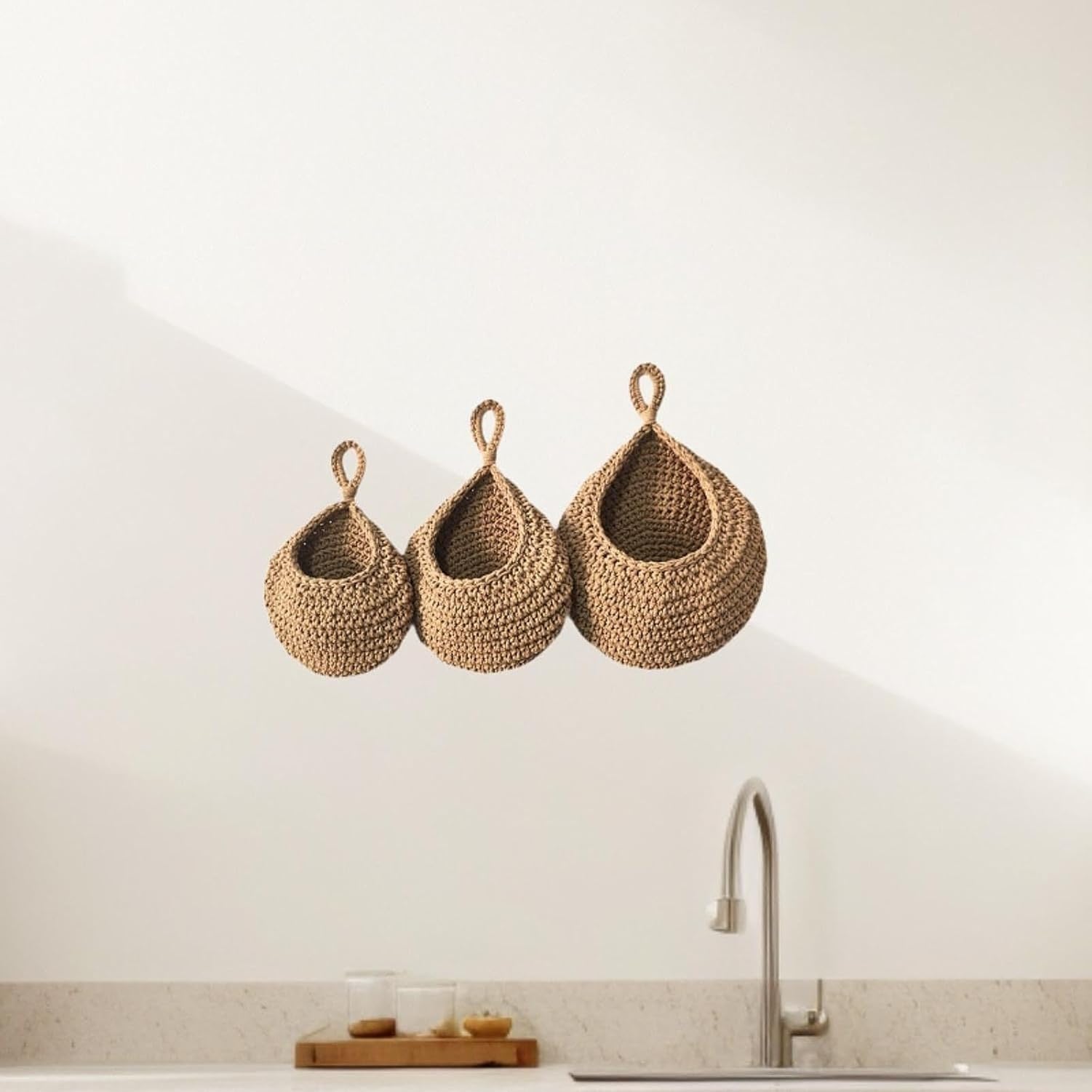 3X Cesti Appesi da Parete Porta Verdura e Frutta Fioriera Bohemien Piccola per Bar Ristorante Soggiorno Cucina Rustica, Brown