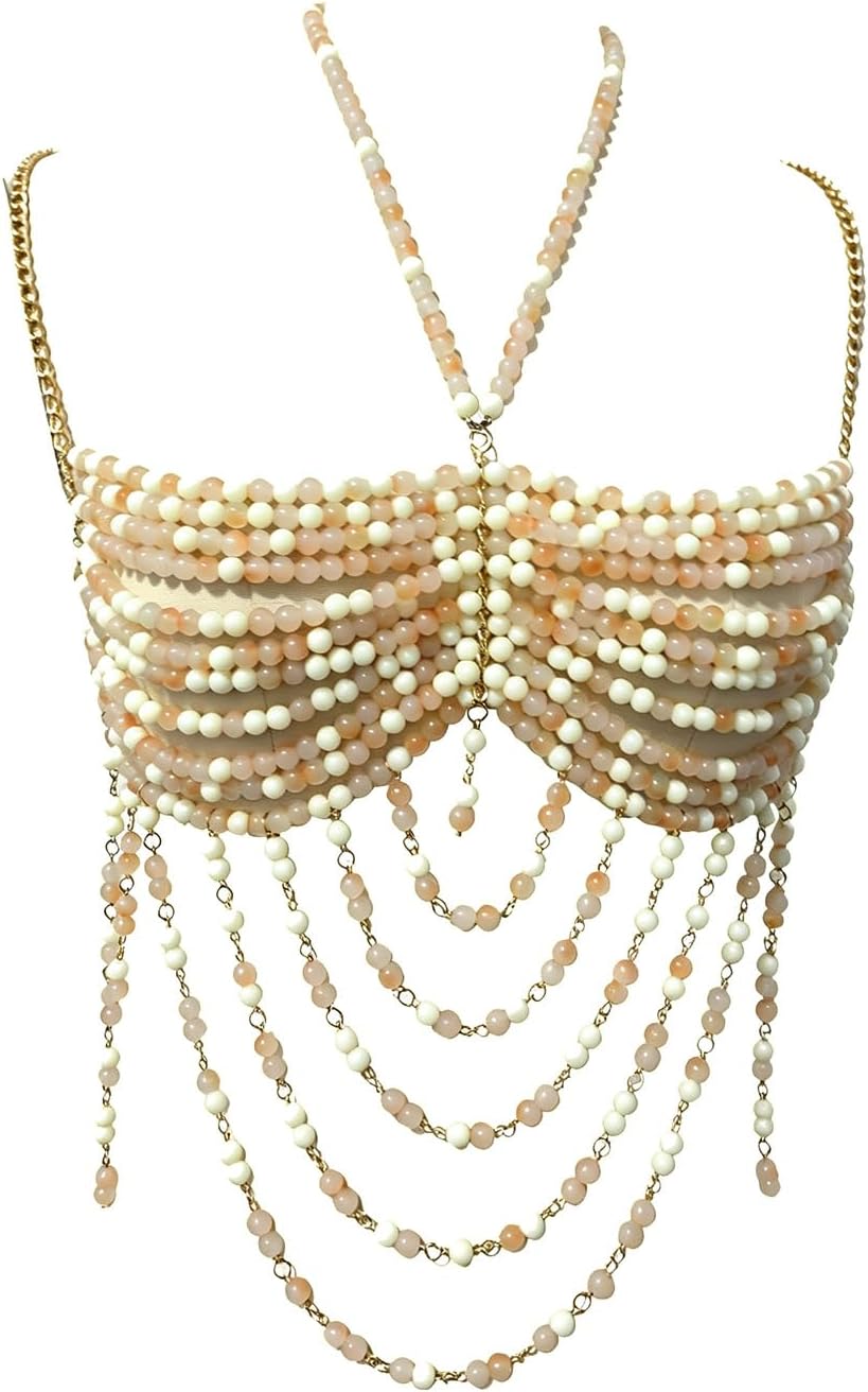 Blue Beaded Bralette Body Chain Top with Gold Draped