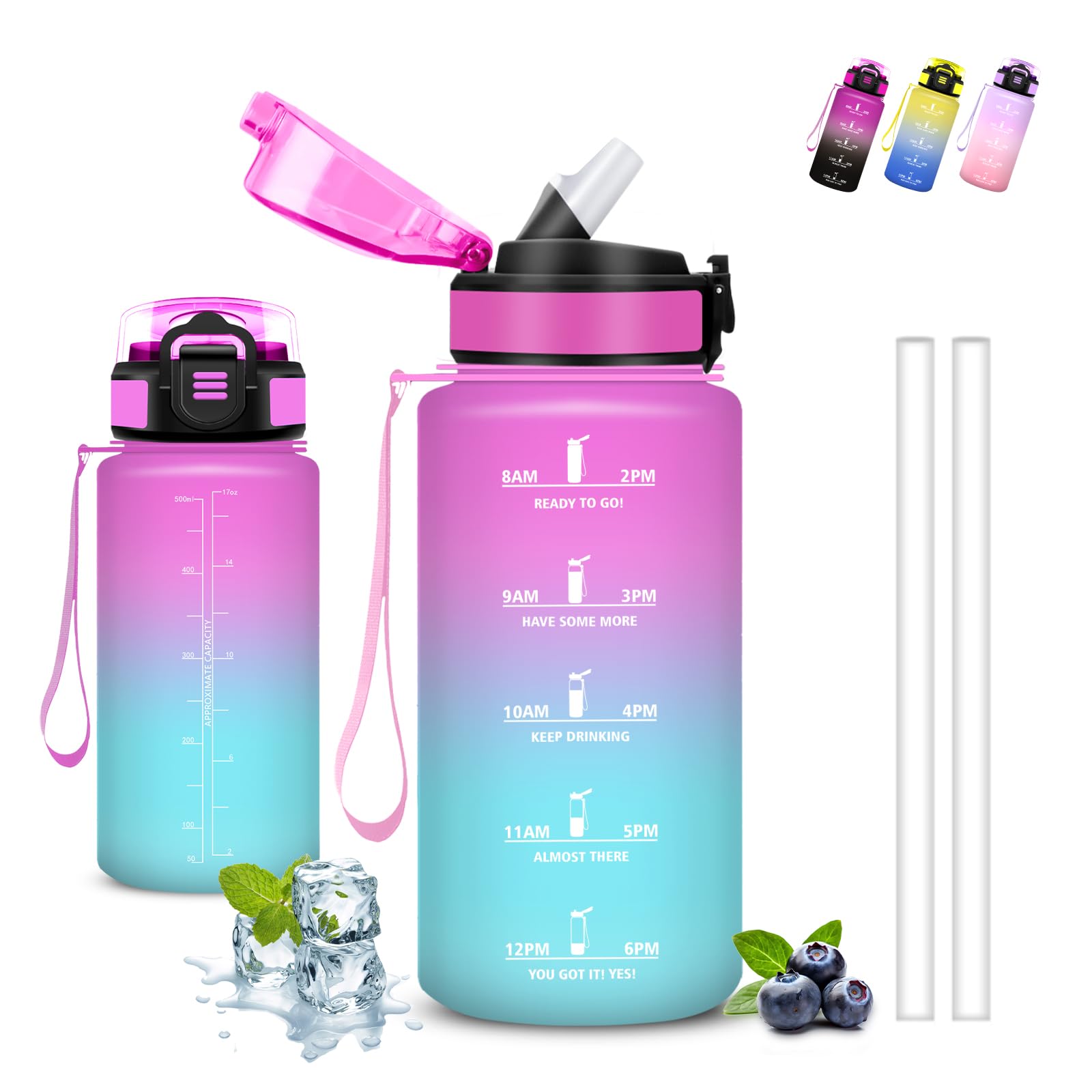 Drinkfles Voor Kinderen, 500 ml Drinkfles, Drinkfles Met Rietje, Makkelijk Schoon Te Maken, Lekvrije Drinkfles, Met Motiverende Slogan, Motiverende Drinkfles, Voor School, Sport En Kantoor, Kamperen