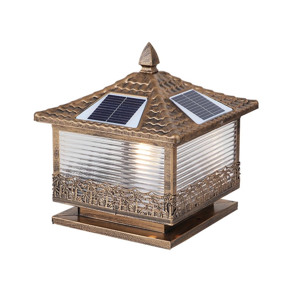Solar Post Cap Lamp with Remote Control Modern Column Outdoor Lantern Street Lighting Fixture for Garden Patio Yard Balcony and Entryway(Bronze,Small)