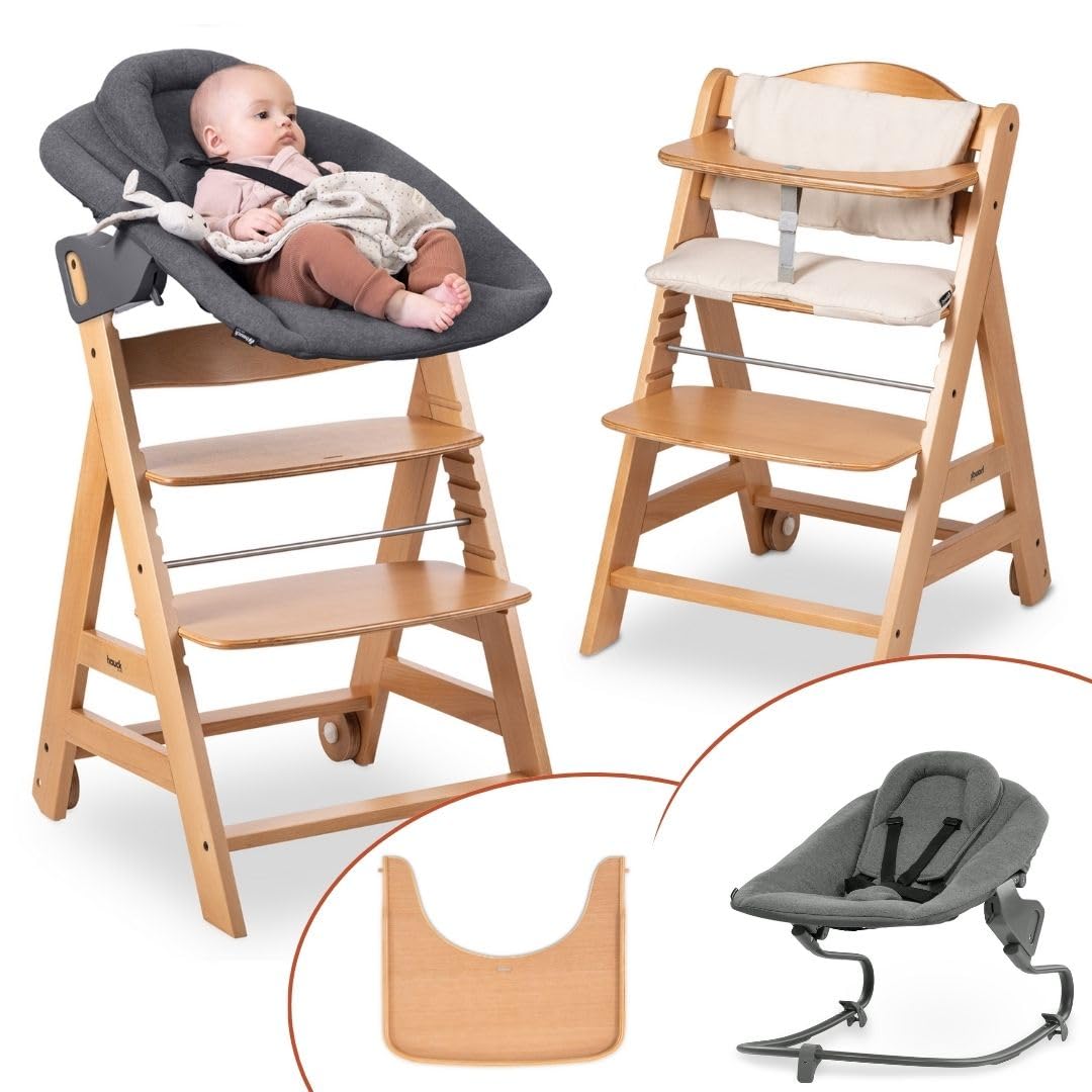 hauck Seggiolone Beta+ Newborn Set Premium da 0 Mesi - Seggiolone In Legno Evolutivo, con Sdraietta Neonati (Dondolo Neonati), Cuscino Seduta, Vassoio - Naturale, Grigio Scuro
