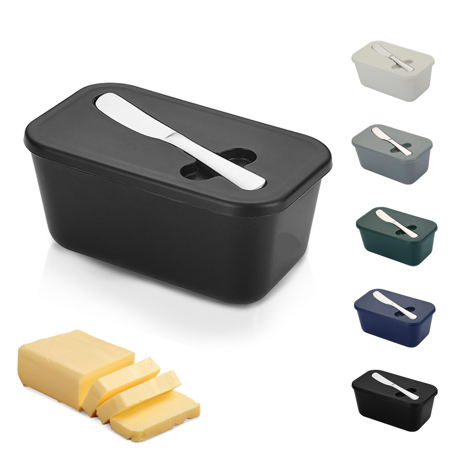 Butter Dish with Lid and Knife – TRACOMPAN Unbreakable Plastic Butter Container | Butter Dish with Butter Knife | Lightweight Butter Holder Tray for Odor-Free Storage(Dishwasher Safe) (Black, Medium)