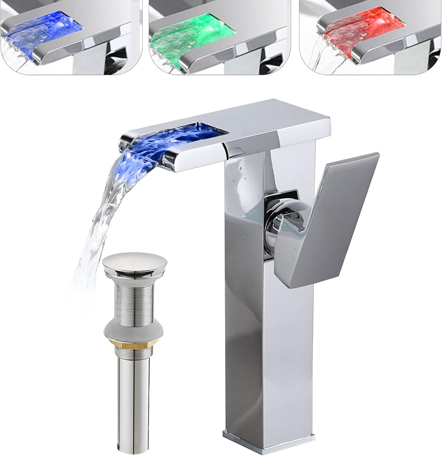 Chrome Bathroom Vessel Faucet Led Light 3 Color Changing Waterfall Single Handle One Hole Bowl Sink Faucet Matching Pop Up Drain Without Overflow Supply Lines Vanity Lavatory Deck Mount Tall
