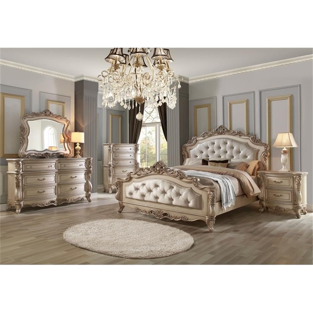 Amazon.com: Acme Gorsedd Tufted Queen Panel Bed in Cream Fabric