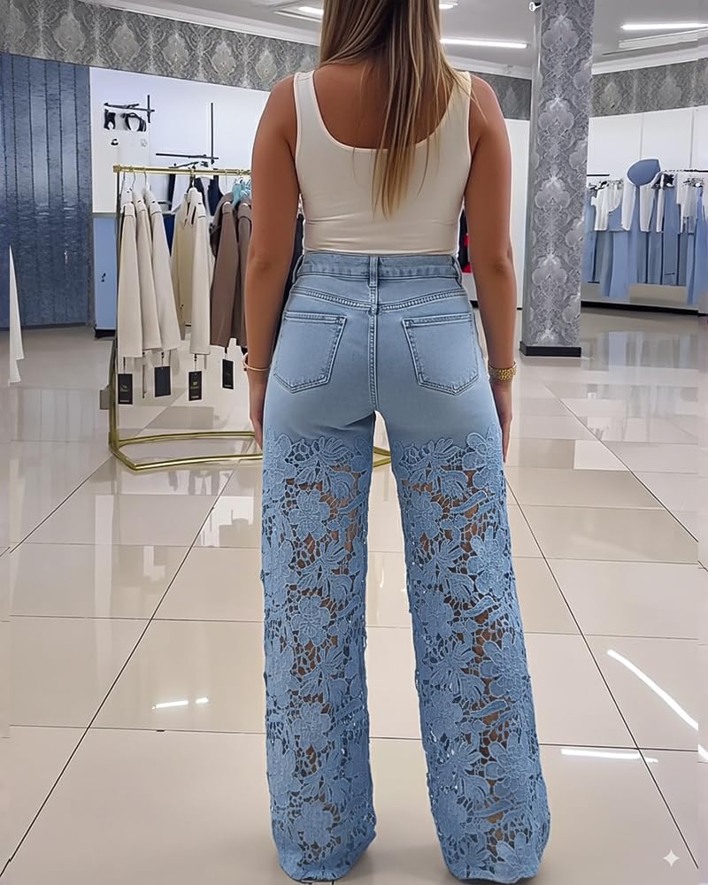 CHICME Women's High Waist Jeans Lace Spliced Stretchy Zipper Wide Leg Pants with Pockets Hollow-Out Baggy Jeans - Image 4