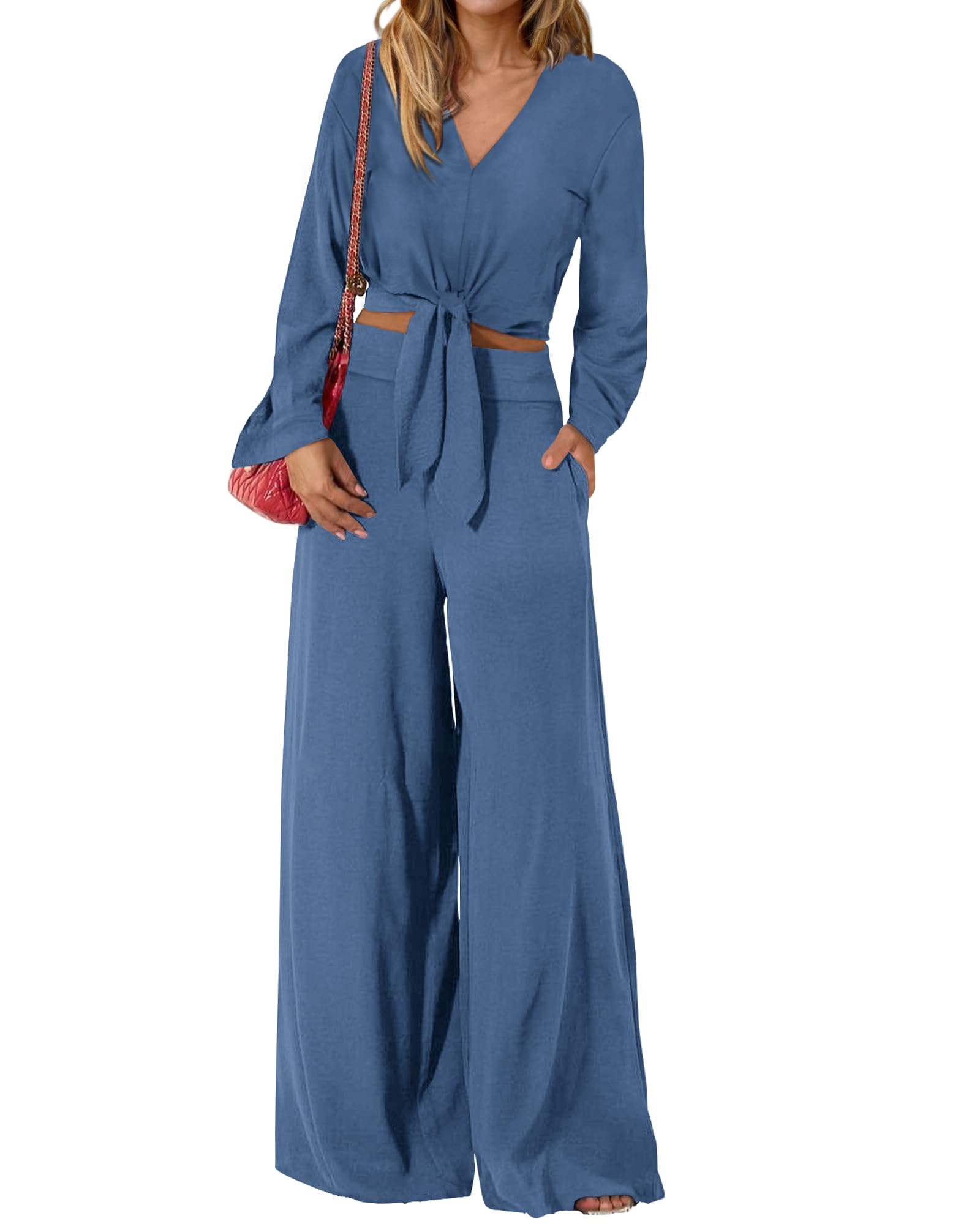 PRETTYGARDEN Women's 2 Piece Outfits 2026 Spring Fashion V Neck Long Sleeve Strappy Crop Top Wide Leg Pant Lounge Sets