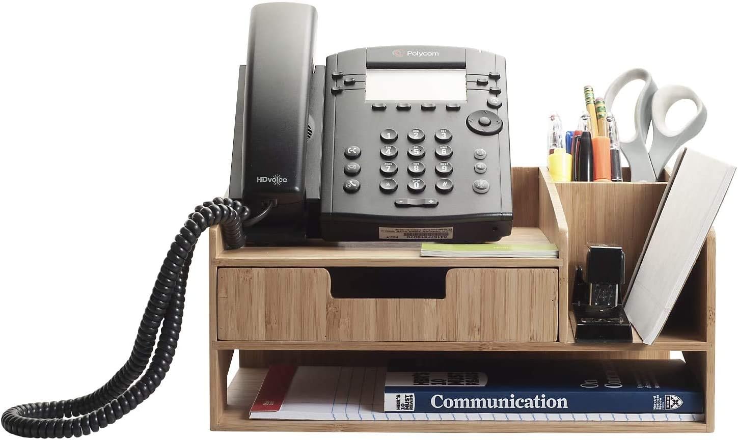 MobileVision Bamboo Telephone Stand With Drawer Paper Tray & Pencil Holder Storage Solution for office products pens scissors staplers notepads business cards & more
