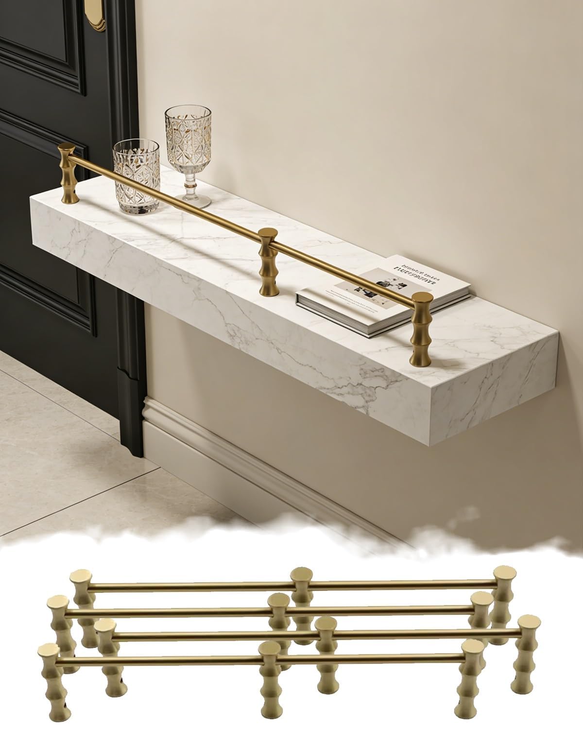 Usknxiu 4 Pack Display Cabinet Shelf Fence Set, Brass Gallery Rail with Posts, Entryways Closet Bookshelf Edge Tipping Rails, Metal Shelf Guard Rail Decorative,57in/145cm