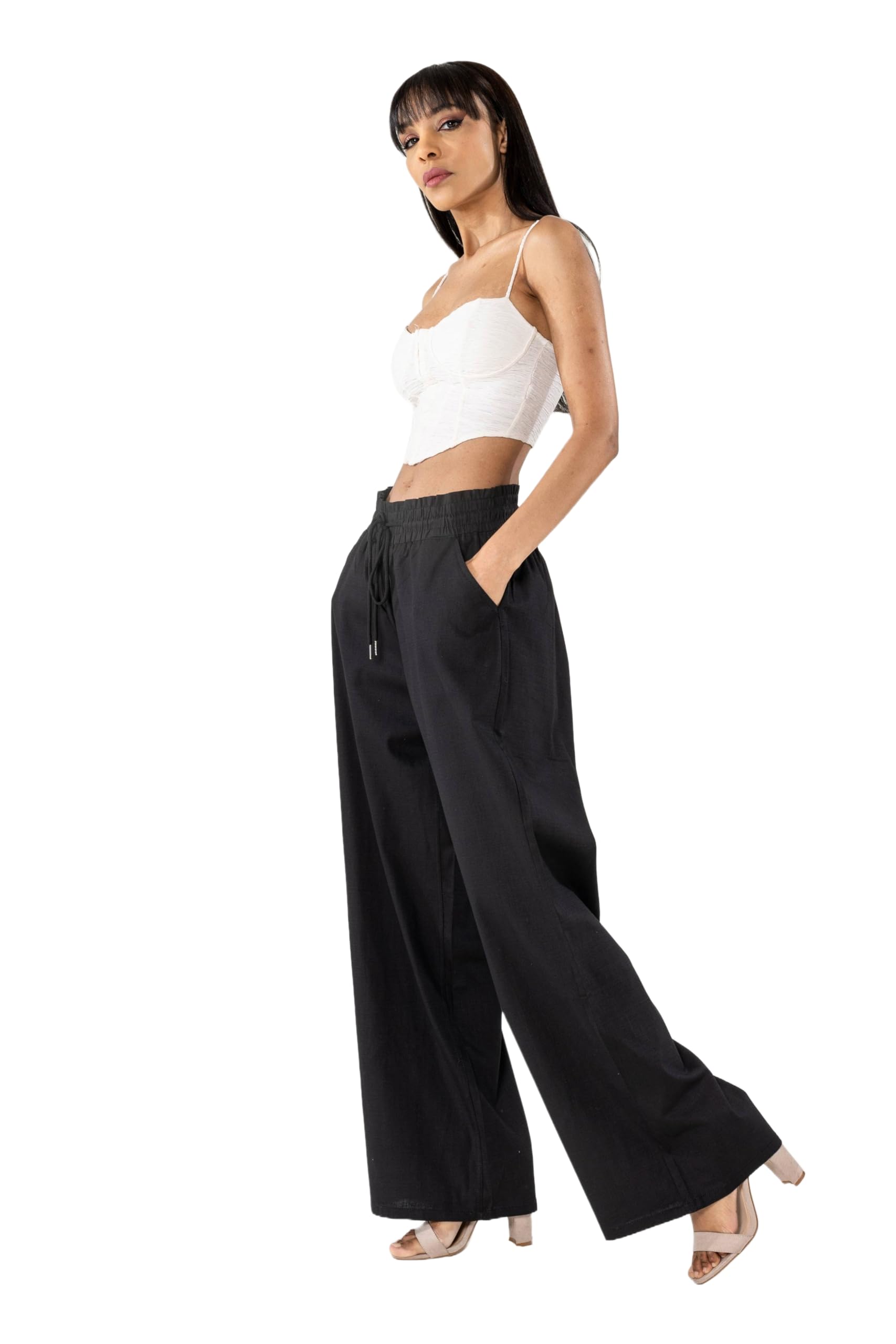 Nina Carter A001 Pantalon d'été léger et large pour femme en mélange de coton stretch, taille élastique, aéré et respirant, coupe ample, aspect lin