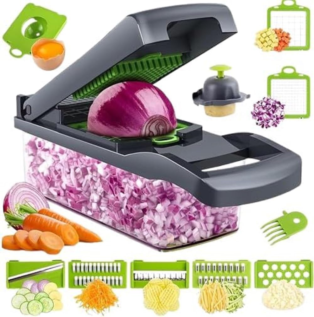Vrinzua Vegetable Chopper 14 in 1 Multifunctional Carrot Chopper with Container, Onion Chopper, Food Chopper, Kitchen Vegetable Slicer Dicer Cutter,Dicer with 8 Interchangeable Blades, Green/Grey-image-39