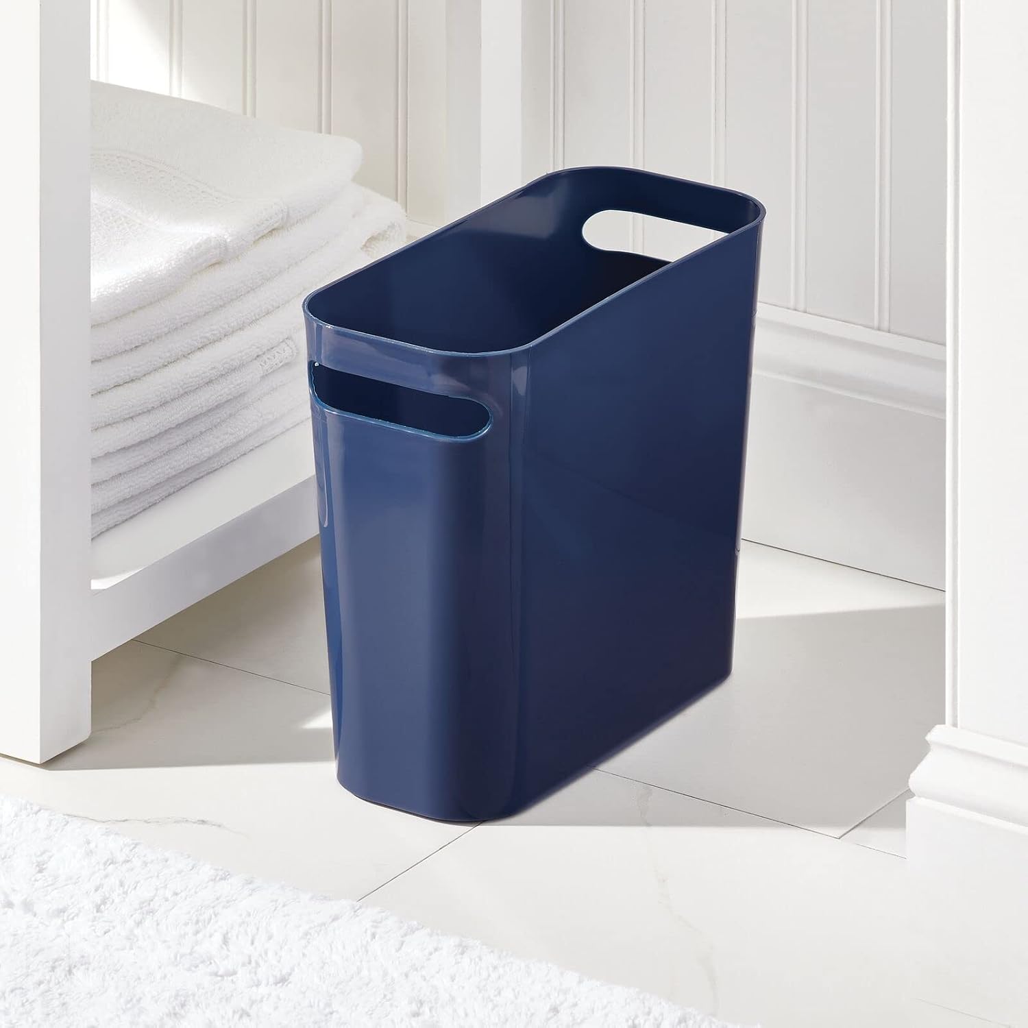 mDesign Plastic Small Trash Can, 1.5 Gallon/5.7-Liter Wastebasket, Narrow Garbage Bin with Handles for Bathroom, Laundry, Home Office - Holds Waste, Recycling, 10" High, Aura Collection, Navy Blue