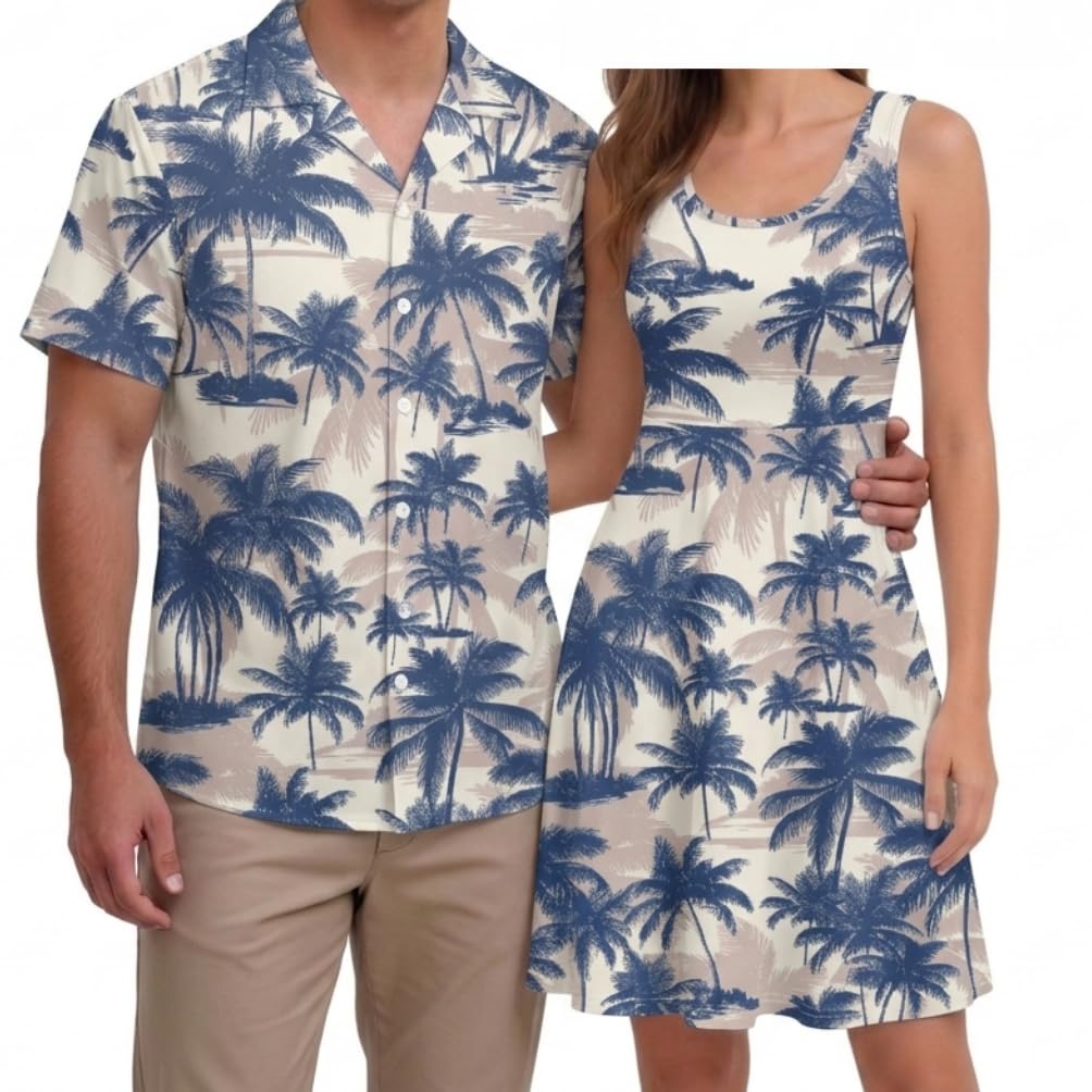 Hawaii Matching Couple Outfits Husband and Wife Clothing Fashionable Mens Casual Shirts Hawaii Dress with Soft Fabric