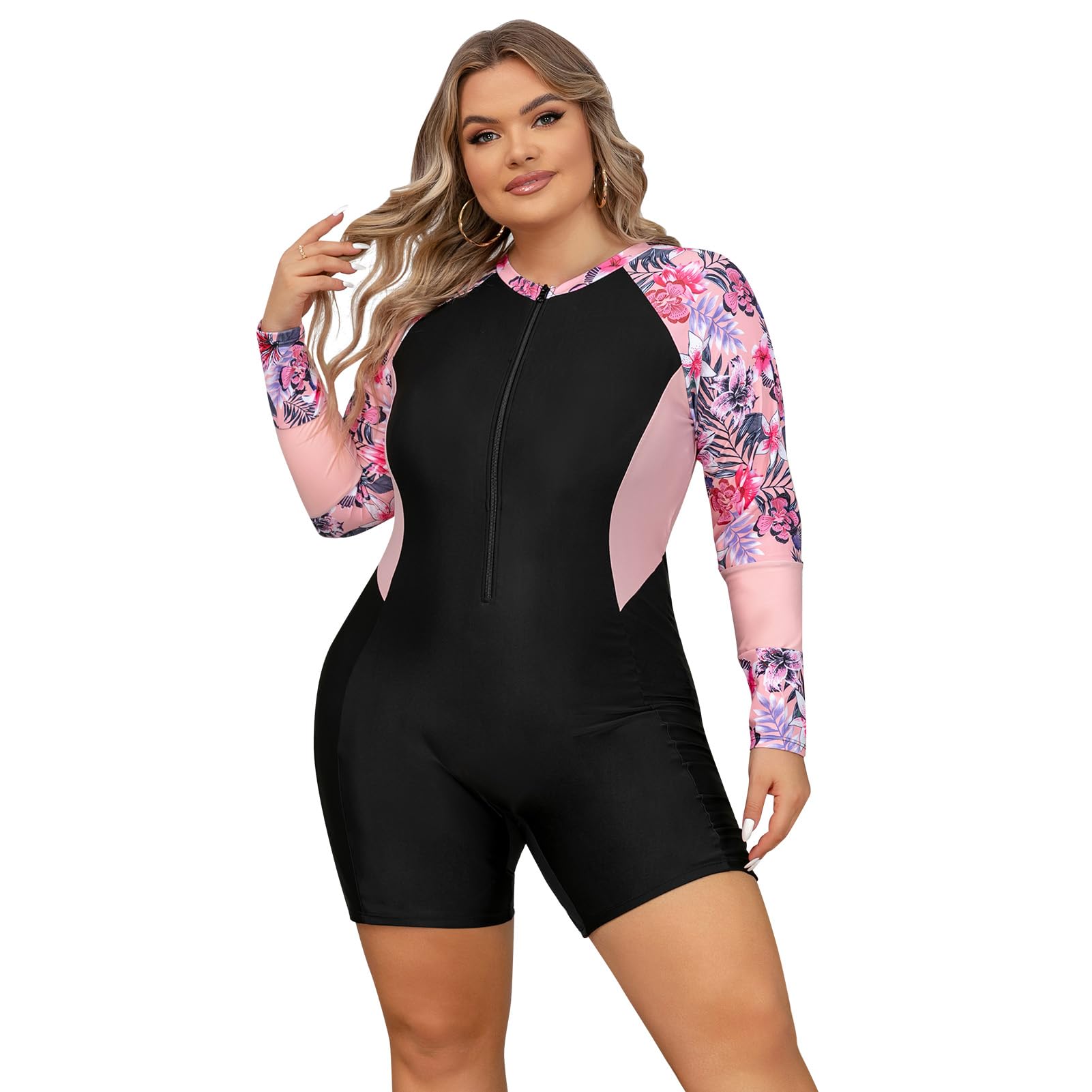 EFOGEP Plus Size Rash Guard for Women Zip Up High Stretchy Long Sleeve One Piece Sun Protection Swimsuits Bathing Suit
