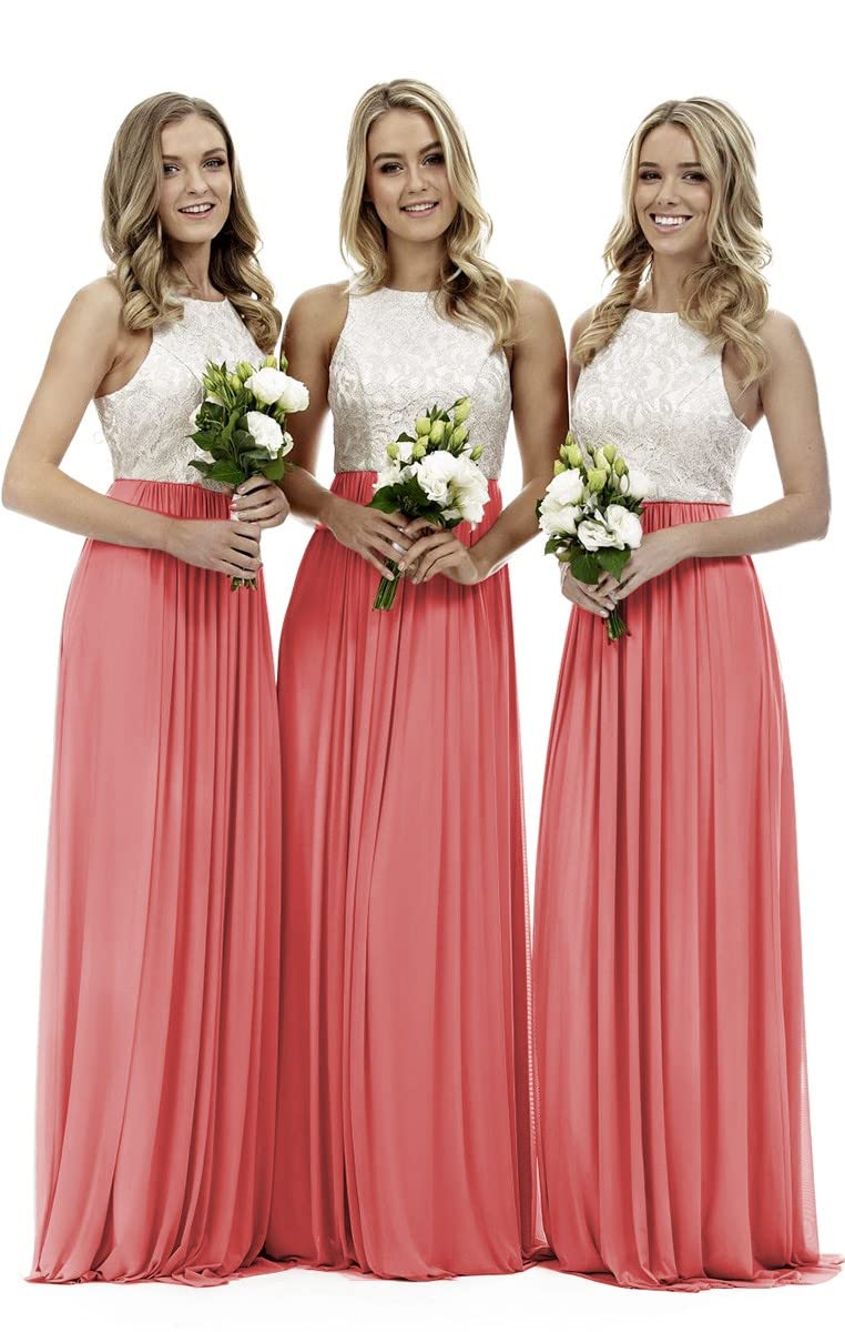 Lecureler Women's Coral Long Lace Prom Bridesmaid Dress Size 12
