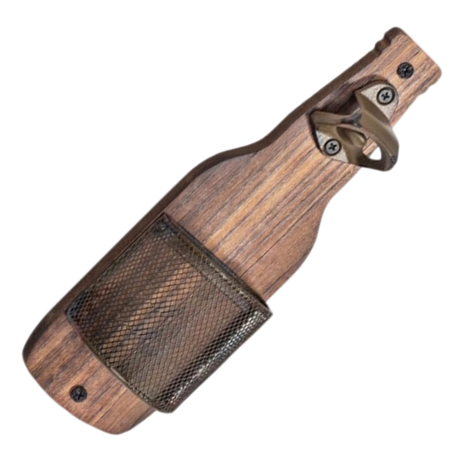 Jazuaiao Permanent Cast Iron Wall Mount Drink Opener Featuring Decorative Wood Panel and Steel Net Kitchen Tool Planner Rack