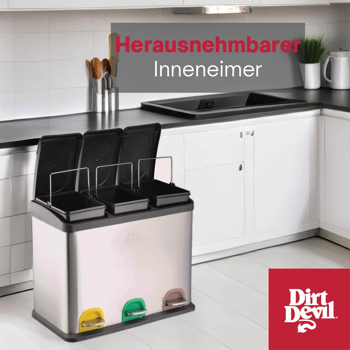 Dirt Devil Tretmülleimer 3 x 15L - Mülltrennsystem mit 3 Fächer - Abfalleimer Küche - Mülleimer mit Soft Close Deckel - 59 x 30 x 47.5 CM - Treteimer aus Edelstahl - Silber