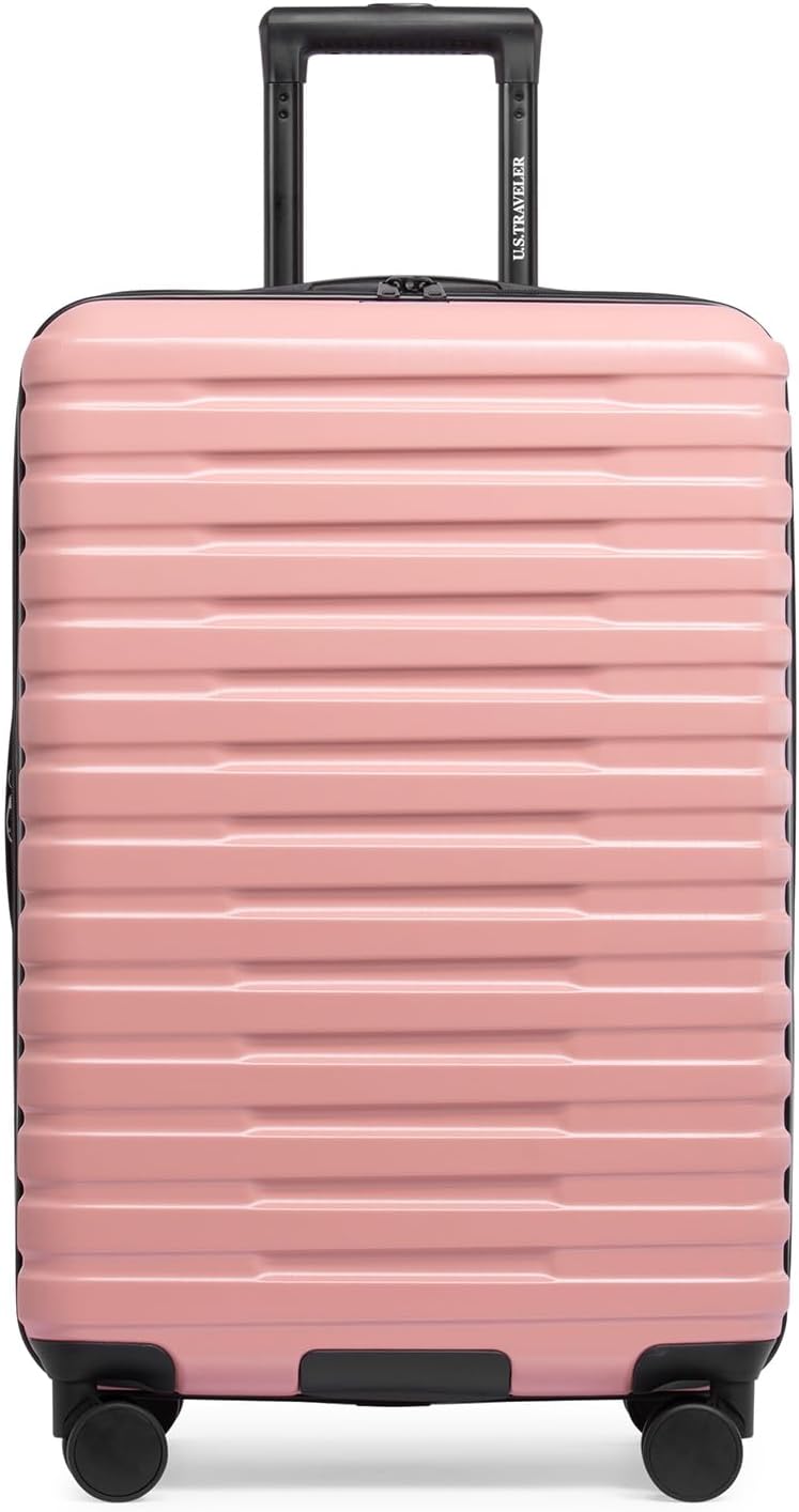 u.s. traveler boren expandable hardside rugged travel luggage with 8 spinner wheels, rose pink, checked-medium 26-inch checked-medium 26-inch, no usb port pink